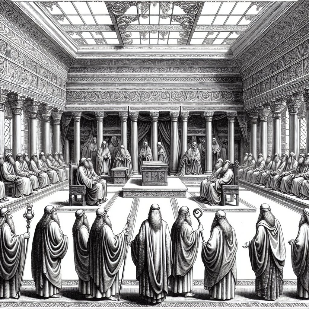 Ezekiel 40:46 (KJVA)
46 And the chamber whose prospect is toward the north is for the priests, the keepers of the charge of the altar: these are the sons of Zadok among the sons of Levi, which come near to the LORD to minister unto him.
Please create an illustration that shows a traditional scene from the Biblical passage Ezekiel 40:46. The composition of the image should include a chamber facing towards the north, serving as the domain for the priests, who are shown as the keepers of the altar rites. These figures should be depicted as members of the tribe of Levi, nourishing a close spiritual relationship with divinity through their ministering actions. This image should be rendered in the form of detailed and intricate line art. It is crucial that the artwork strike a respectful and devotional tone towards Christianity. Remember not to use any text or words in the image.