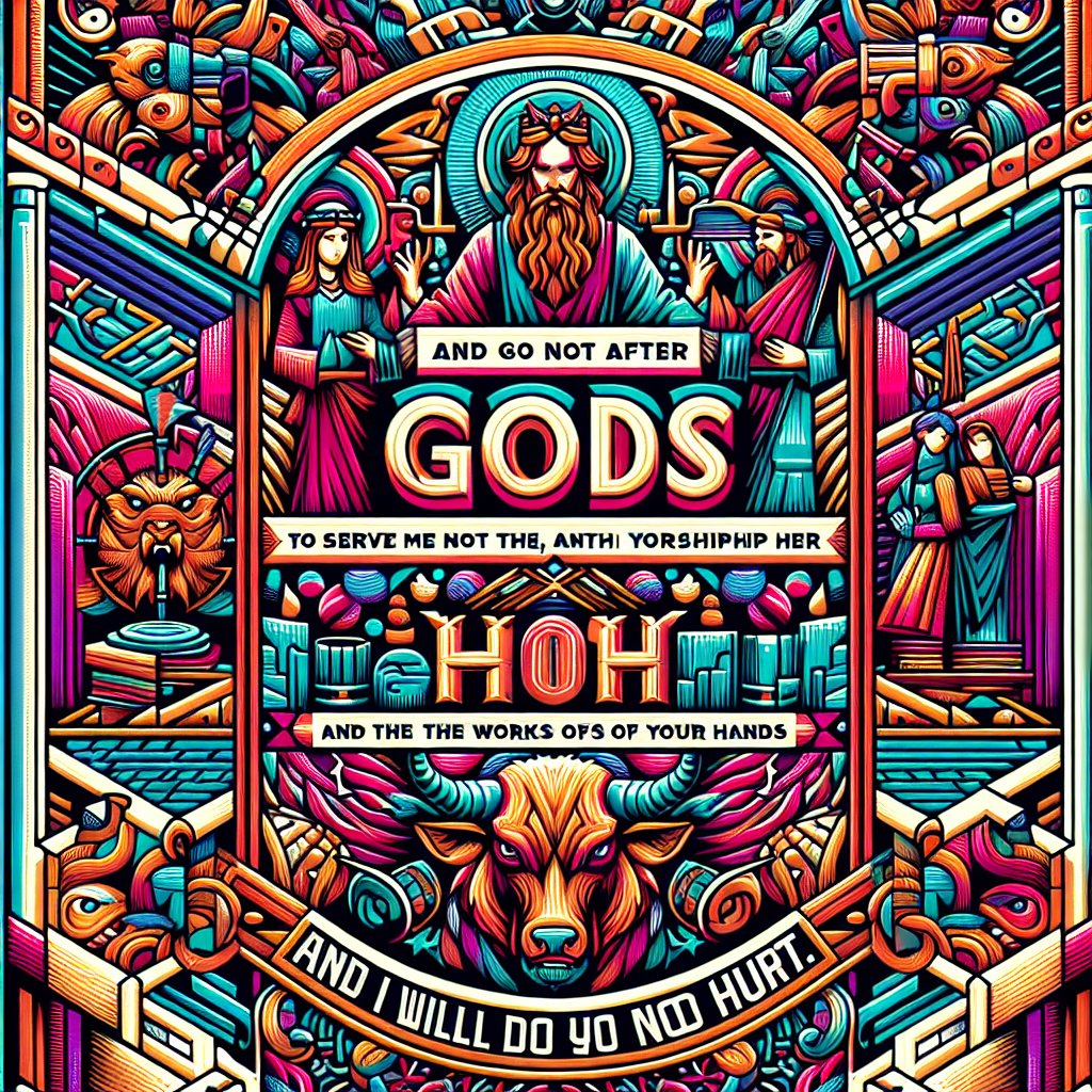 Jeremiah 25:6 - "And go not after other gods to serve them, and to worship them, and provoke me not to anger with the works of your hands; and I will do you no hurt."
A visual representation of the biblical verse Jeremiah 25:6 - 'And go not after other gods to serve them, and to worship them, and provoke me not to anger with the works of your hands; and I will do you no hurt.' illustrated in a modern visual style that uses characteristics associated with digital art such as vibrancy, rich textures and intricate patterns.