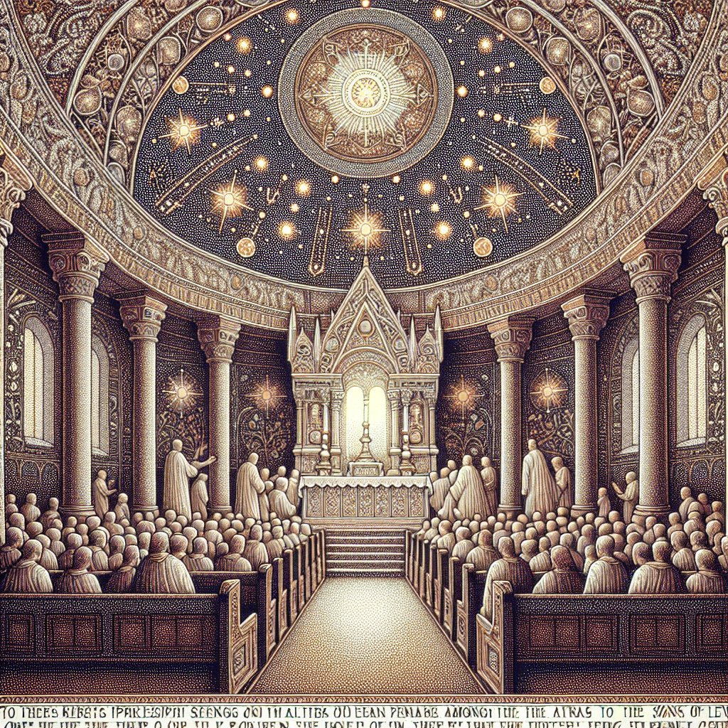 Ezekiel 40:46 (KJVA)
46 And the chamber whose prospect is toward the north is for the priests, the keepers of the charge of the altar: these are the sons of Zadok among the sons of Levi, which come near to the LORD to minister unto him.
An intricately designed scene in the pointillist art style, reminiscent of works from the late 19th century when this technique was prevalent. The setting is a chamber facing north. This space belongs to the priests who are the keepers of the altar's charge. Reference is made to the sons of Zadok among the sons of Levi who are portrayed coming near to minister. This scene is respectful and seeks to honor Christian themes. Remember, the image is to convey a sense of reverence and devotion, featuring no written text or words.