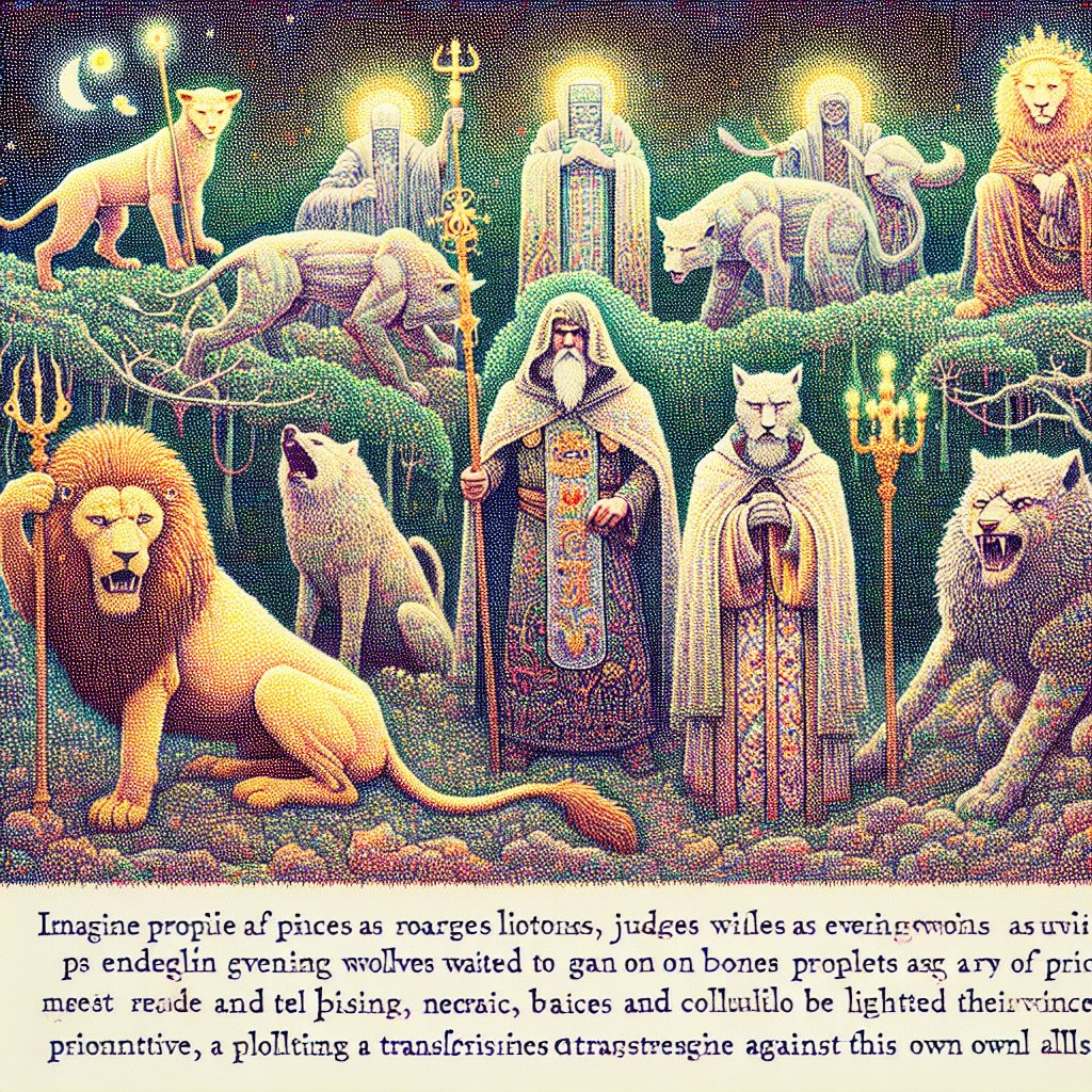 Zephaniah 3:3-4 (KJVA) Her princes within her are roaring lions; her judges are evening wolves; they gnaw not the bones till the morrow. Her prophets are light and treacherous persons: her priests have polluted the sanctuary, they have done violence to the law.
Imagine a scene inspired by a Bible passage, specifically Zephaniah 3:3-4. Visualize an array of figures embodying the metaphorical descriptions within the scripture - princes as roaring lions, judges as evening wolves waiting to gnaw on bones, prophets depicted as light yet treacherous beings, and priests seen polluting a sacred space, committing a transgression against their own laws. The image should convey a respectful and devotional tone towards Christianity. Depict the scene in the artistic style of pointillism, a technique representative of the late 19th century where small distinct dots of color are applied in patterns to form an image.