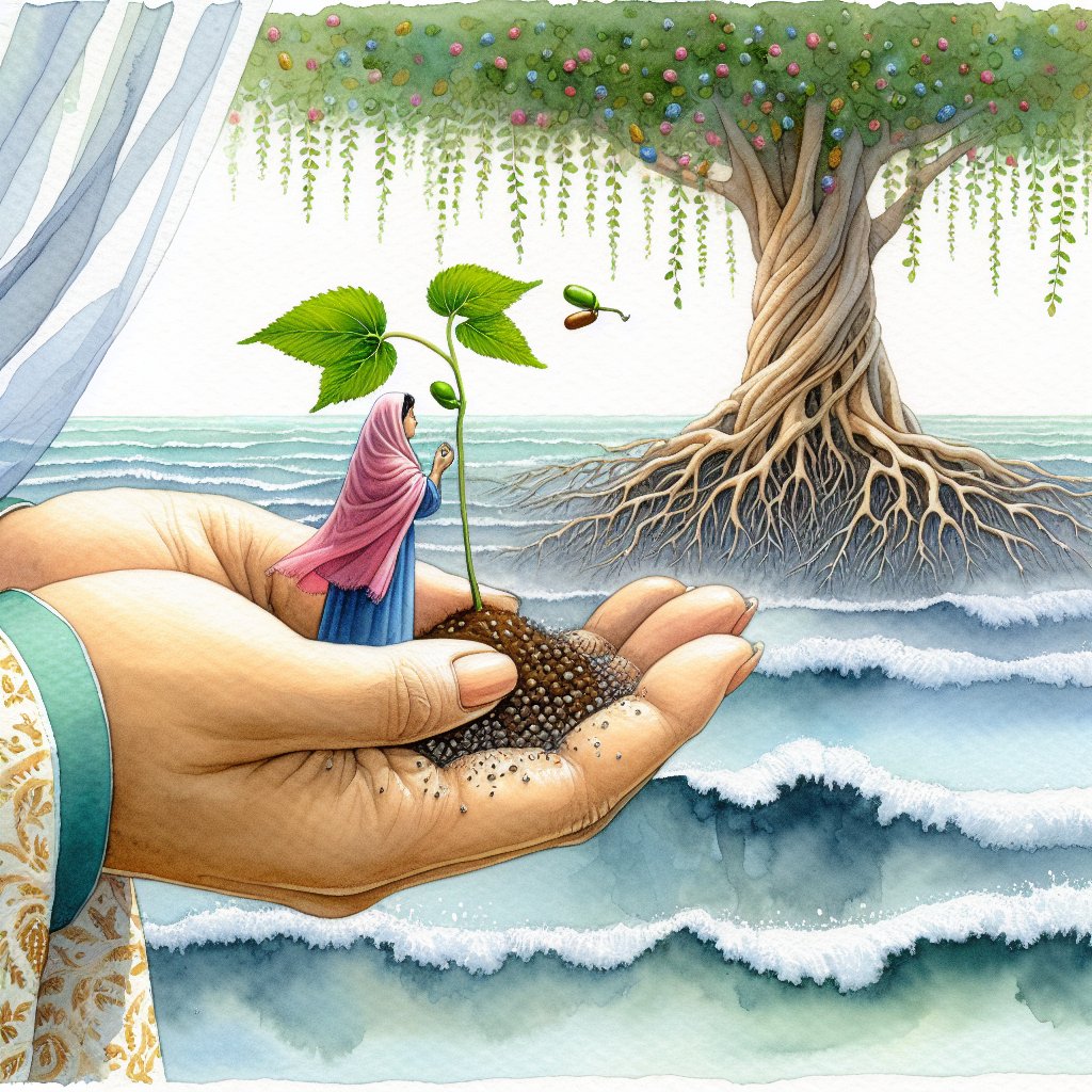 Luke 17:6 So the Lord said, “If you have faith as a mustard seed, you can say to this mulberry tree, ‘Be pulled up by the roots and be planted in the sea,’ and it would obey you.
A respectful and devotional watercolor scene inspired by a biblical verse, Luke 17:6. In the foreground, we see a tiny mustard seed held in the hand of a South Asian woman, symbolizing faith. Not too far away, there's a mulberry tree. The tree is uprooting itself, with its roots visibly pulling up from the ground, and it's being replanted amidst the waves of a great sea. The overall feel of the scene should capture a mood of reverence and awe.