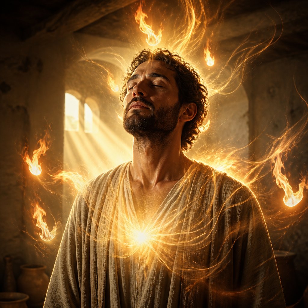 Acts 2:1-4, Pentecost – single man filled with the Spirit, hyper‑realistic photo, adult Middle Eastern man in simple first‑century robes, standing indoors in an upper room in Jerusalem at dawn, eyes closed, face peaceful, head slightly tilted up, soft golden light and gentle flames of fire hovering above and around him, fire blending into glowing wind and light entering his chest, symbolizing being filled with the Holy Spirit, cinematic lighting, high detail, reverent.’