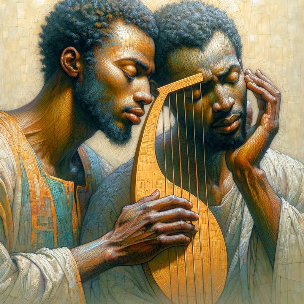 brown-skinned David playing the lyre for brown-skinned Saul
An African man, depicting David, gently plays the lyre with a serene and devotional look on his face, while another African man, signifying Saul, listens intently with his eyes closed. Their physical appearances borrow from historical descriptions. The scene is rendered in an abstract manner, highlighting the emotional energy and spiritual resonance over concrete representation to capture the essence of devotion. The art draws inspiration from the era of Abstract Expressionism, but avoids specific artist styles. The painting should evoke spirituality and respect for Christianity. No text or words are to be present in the image.