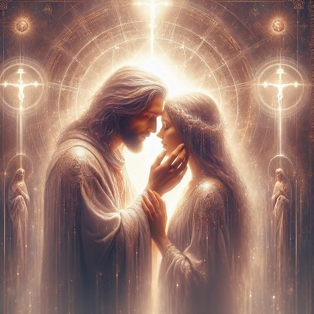 A heartfelt and intimate scene where two figures, bathed in ethereal light, share a tender moment. One is holding the other's face, and both have their eyes lightly closed as if savouring the moment. The moment in question is sacred, filled with warmth, devotion, and respect. Both figures, as if painted in digital form, stand against a backdrop punctuated by Christian symbols like the cross, subtly woven into the scenery. Their surroundings seem to glow with the divine grace from the heavens, adding a spiritual dimension to the ongoing emotional exchange. The entire visual is devoid of any text.