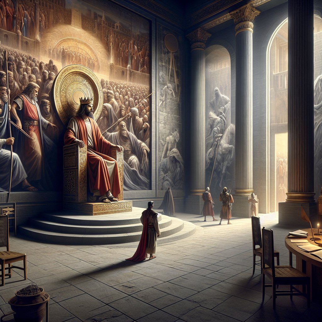Acts 7:18 - "Till another king arose, which knew not Joseph."
A visually striking representation of the biblical quote 'Till another king arose, which knew not Joseph' from Acts 7:18. It's essence captures in a transformative era when an unfamiliar leader took reign unknowing of the legacy of Joseph. The scene is held in a palace, with a new king taking his place on the throne, looking contemplative, perhaps even lonely. The surrounding chambers hold impressions of past leaders, one of them subtly denoting the presence of Joseph. This entire composition is envisioned in the medium of digital art.