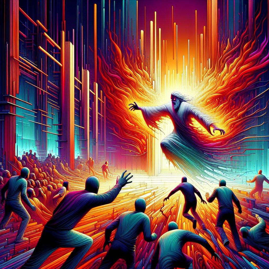 2 Timothy 4:15 - "Of whom be thou ware also; for he hath greatly withstood our words."
Render the biblical quotation from 2 Timothy 4:15, "Of whom be thou ware also; for he hath greatly withstood our words", in the form of a digital piece of artwork. The scene should radiate a strong sense of caution and resistance, manifesting the essence of the verse. Use bold colours, sharp lines and surreal elements common in digital art to effectively communicate the message.