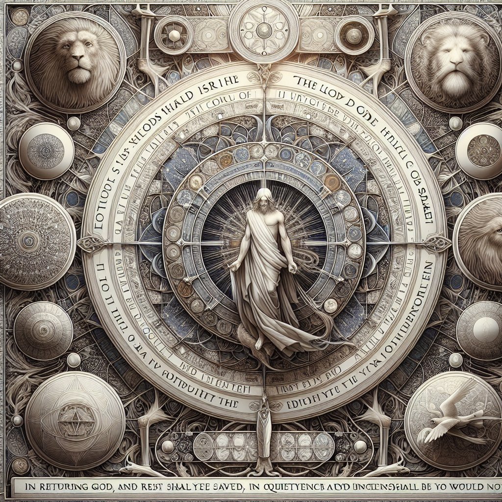 Isaiah 30:15 - "For thus saith the Lord GOD, the Holy One of Israel; In returning and rest shall ye be saved; in quietness and in confidence shall be your strength: and ye would not."
A detailed image representing the essence of the biblical verse Isaiah 30:15: 'For thus saith the Lord God, the Holy One of Israel; In returning and rest shall ye be saved; in quietness and in confidence shall be your strength: and ye would not.' This is to be represented in the form of digital art. Elements could possibly include symbolic representations of returning, rest, quietness, and confidence, perhaps with a central figure embodying these qualities. All elements should evoke a sense of tranquility and unwavering faith.