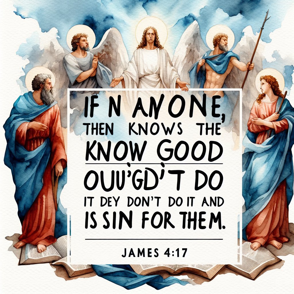 James 4:17 “If anyone, then, knows the good they ought to do and doesn’t do it, it is sin for them.”
Create a watercolor painting representative of a moral message from the biblical quote James 4:17, which says 'If anyone, then, knows the good they ought to do and doesn’t do it, it is sin for them.' The image should capture the sentiment of knowing what is right but not doing it, and the consequences of such actions. However, do not include any text or words in the painting.