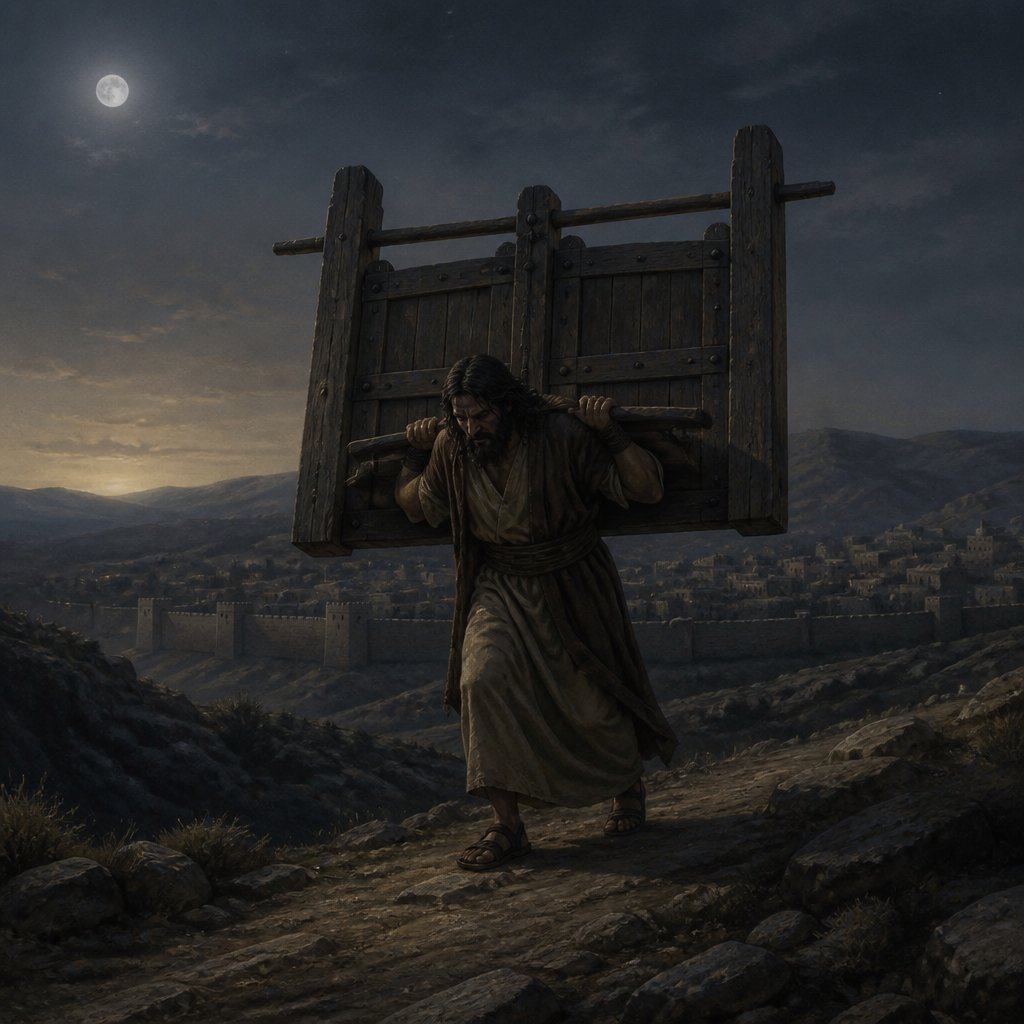 "And Samson lay till midnight, and arose at midnight, and took the doors of the gate of the city, and the two posts, and went away with them, bar and all, and put them upon his shoulders, and carried them up to the top of an hill that is before Hebron." - Judges 16:3