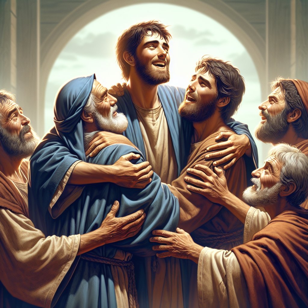 Joseph and his brothers hugging and laughing, with expressions of happiness and relief on their faces as they finally feel like a family again.
Illustrate a scene of familial reunion set in biblical times. The central characters are Joseph and his brothers, embracing each other in joy and relief, their faces radiant with happiness, signifying their reconciliation and restoration of their bond as a family. The scene carries a sense of deep respect and devotion towards Christianity, and is expressed through the medium of digital art. Make sure that the image is void of any text or words.