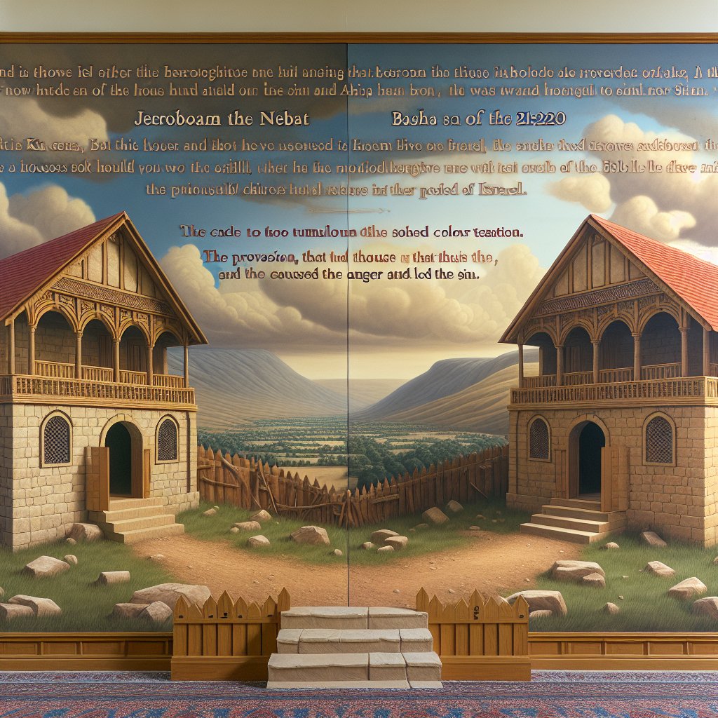 1 Kings 21:22 - "And will make thine house like the house of Jeroboam the son of Nebat, and like the house of Baasha the son of Ahijah, for the provocation wherewith thou hast provoked me to anger, and made Israel to sin."
Display a scene inspired by 1 Kings 21:22, with two distinct houses representing Jeroboam the son of Nebat and Baasha the son of Ahijah, respectively. Both houses should embody the tumult and the anger expressed in the verse. The setting should hint at the provocation that caused anger and led to sin, placed amidst the biblical land of Israel. Create this scene in the medium of digital art with realistic color temperature, attributing an ancient-time feel to it.