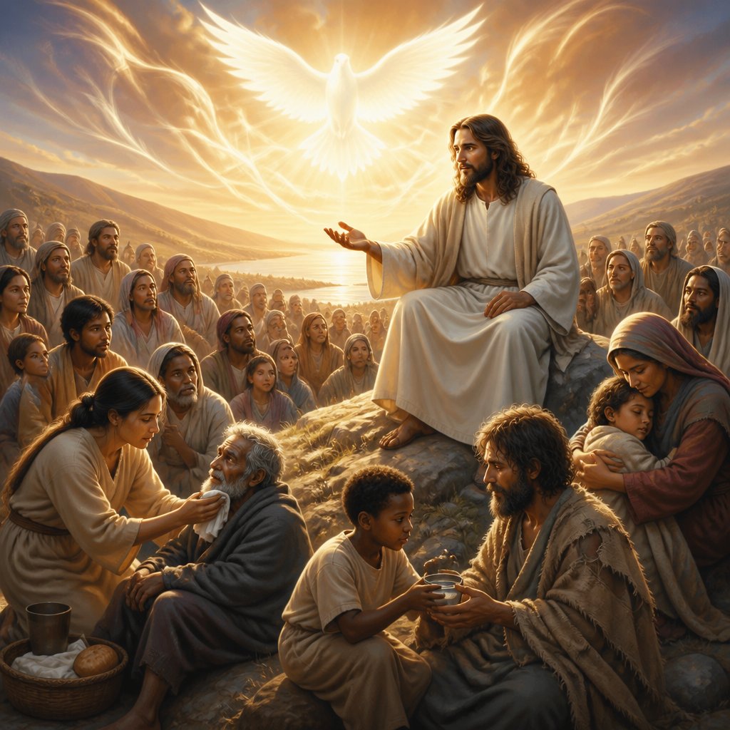 Jesus preaching to the masses about what they do for the least of them they do for Jesus Matthew 25:40 with Holy Spirit in the background