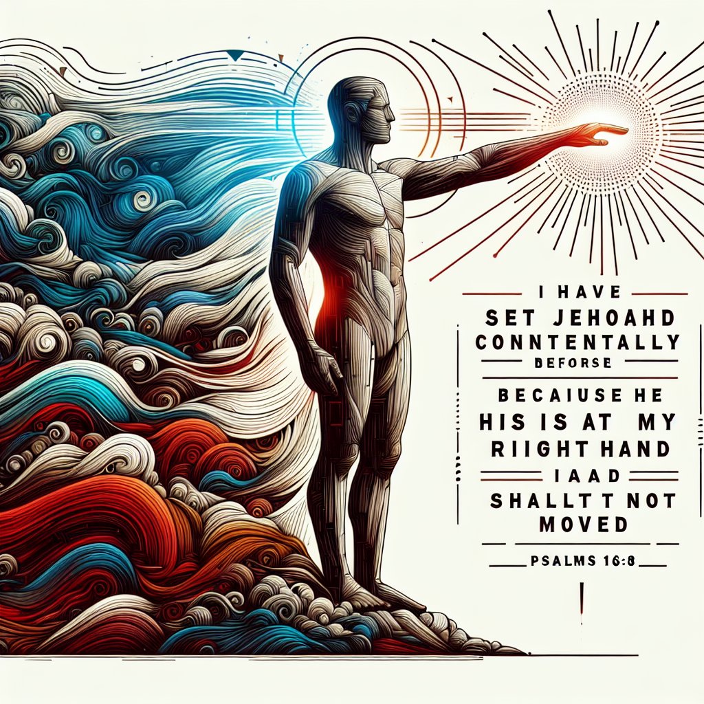 «I have set Jehovah continually before me; because he is at my right hand, I shall not be moved.»
Psalms 16:8
Create an image representative of the verse 'I have set Jehovah continually before me; because he is at my right hand, I shall not be moved.' from Psalms 16:8. The image should evoke a sense of steadfast devotion and unwavering faith, in the spirit of digital art. It could involve a symbolic representation of a figure standing firm and unmoved, with a divine presence at the right hand. The style should be abstract, allowing for individual interpretation, while faithfully respecting the Christian tradition.