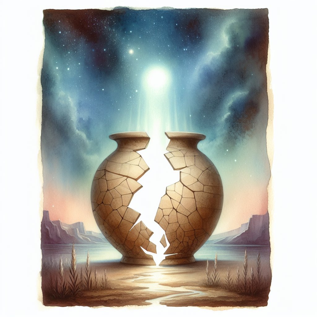 Psalm 103:3 He forgives all my sins and heals all my diseases
A metaphoric representation of forgiveness and healing. Portray an ethereal light enveloping a broken vessel that has cracks mending themselves. In the background, a peaceful landscape prevails, symbolizing tranquility and restoration. All of these are painted in watercolor, with no text or words in the image.