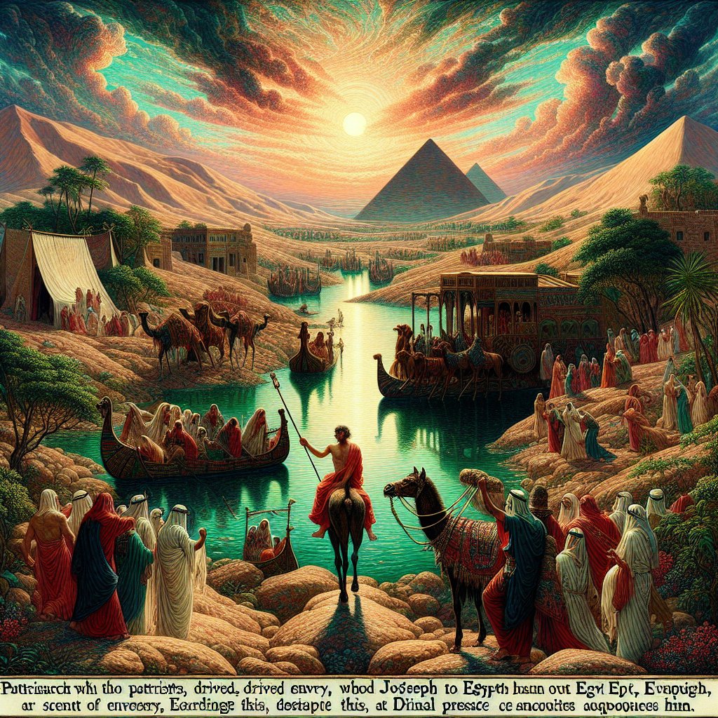 Acts 7:9 - "And the patriarchs, moved with envy, sold Joseph into Egypt: but God was with him,"
Generate an image depicting a scene from Acts 7:9. It involves patriarchs who, driven by envy, sold Joseph to Egypt. Despite this, divine presence accompanies him. Represent this tale using a digital art aesthetic.