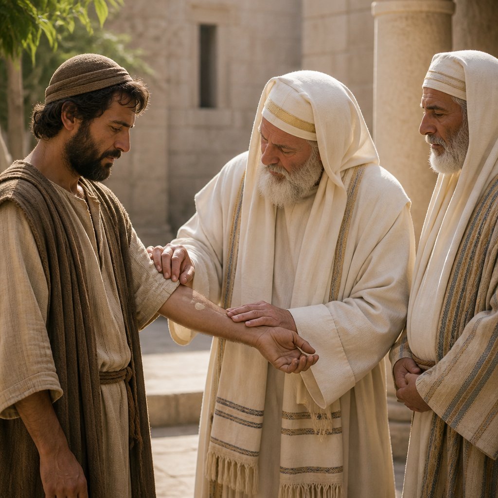 "When a man shall have in the skin of his flesh a rising, a scab, or bright spot, and it be in the skin of his flesh like the plague of leprosy; then he shall be brought unto Aaron the priest, or unto one of his sons the priests:" - Leviticus 13:{verse.verse_number}