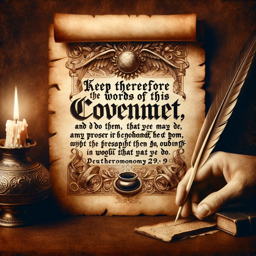 Deuteronomy 29:9 - "Keep therefore the words of this covenant, and do them, that ye may prosper in all that ye do."
An image representing Deuteronomy 29:9 - 'Keep therefore the words of this covenant, and do them, that ye may prosper in all that ye do.' as a classic parchment with an old-world illustration. The parchment sits against a rich, detailed background encapsulating the essence of this verse. The depiction should incorporate symbolic elements that represent a covenant such as an inkwell and quill pen next to the parchment, a candle burning with a soft light, and a hand poised to write or follow the words.