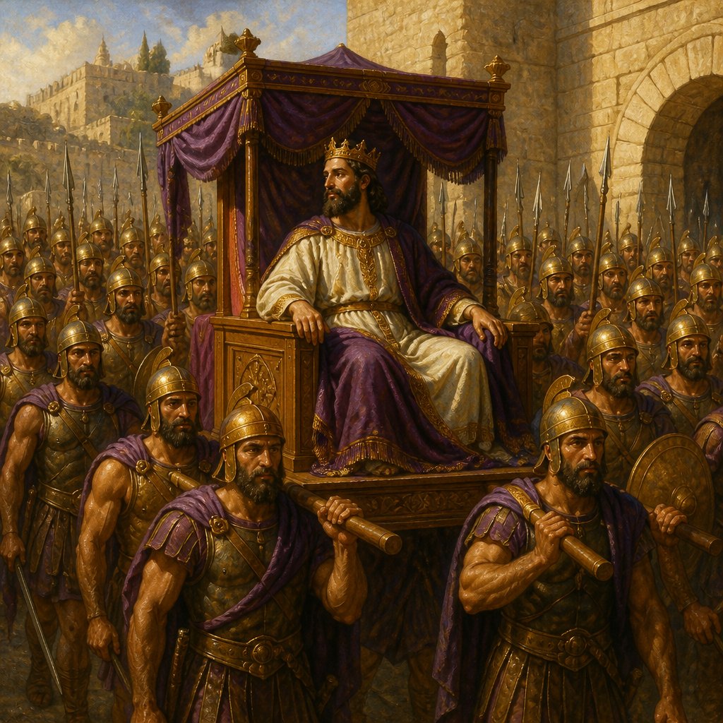 Bright picture of King Solomon, sitting in a wooden sedan chair, lined with purple fabric, carried and surrounded by 60 mighty soldiers