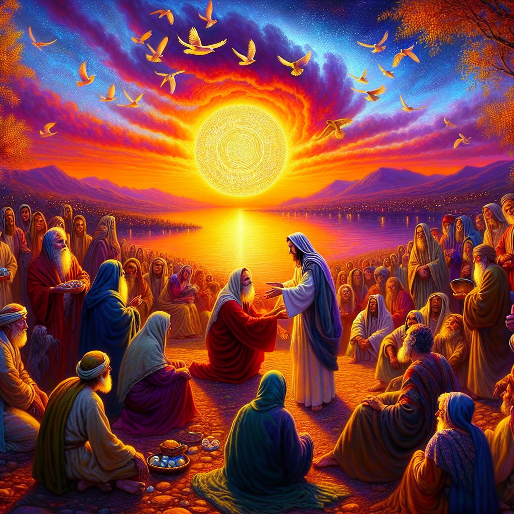 Mark 1:32 - "And at even, when the sun did set, they brought unto him all that were diseased, and them that were possessed with devils."
A vivid digital art depiction of a scene inspired by Mark 1:32 - 'And at even, when the sun did set, they brought unto him all that were diseased, and them that were possessed with devils.' The imagery should include the mesmerizing sunset in the background setting the tone for the scene, the individuals bearing illnesses and those under the influence of malevolent spirits, gathering in a tranquil setting. In the centre, a benevolent figure receives them, offering solace and hope amidst the rich colours of the evening sky reflecting their diverse emotions and predicaments.
