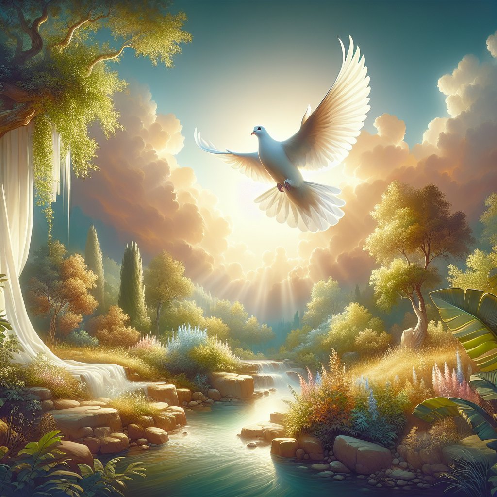 “May the God of hope fill you with all joy and peace as you trust in him, so that you may overflow with hope by the power of the Holy Spirit.” Romans 15:13
A serene scene representative of the Christian faith, embodying the spirit of Romans 15:13, evoking joy, hope, trust, and peace. Captured in the scene could be a tranquil environment, perhaps a peaceful garden with a clear, bright sky. A mighty but gentle dove, symbolizing the Holy Spirit, may be present, spreading its wings protectively over the landscape, creating a sense of divine aura and grace. The color scheme leans towards calming earth tones. Please note - no text or words should be included in the artwork. The style should be respectful and devotional.