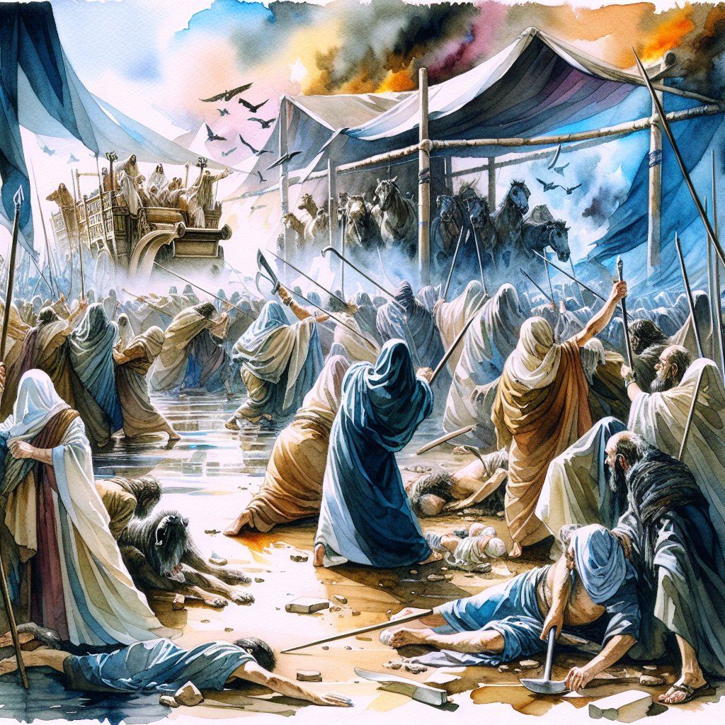 The Plague on the Firstborn - Exodus 11, 12:1-30
Devotional artwork in watercolor medium, demonstrating the event of the plague on the firstborn as described in the Exodus 11, 12:1-30. The painting should skillfully capture the intensity and drama of the moment, showcasing the power and authority of divine intervention. Maintain a respectful and reverential approach towards Christianity. No text or words should be used in the image.