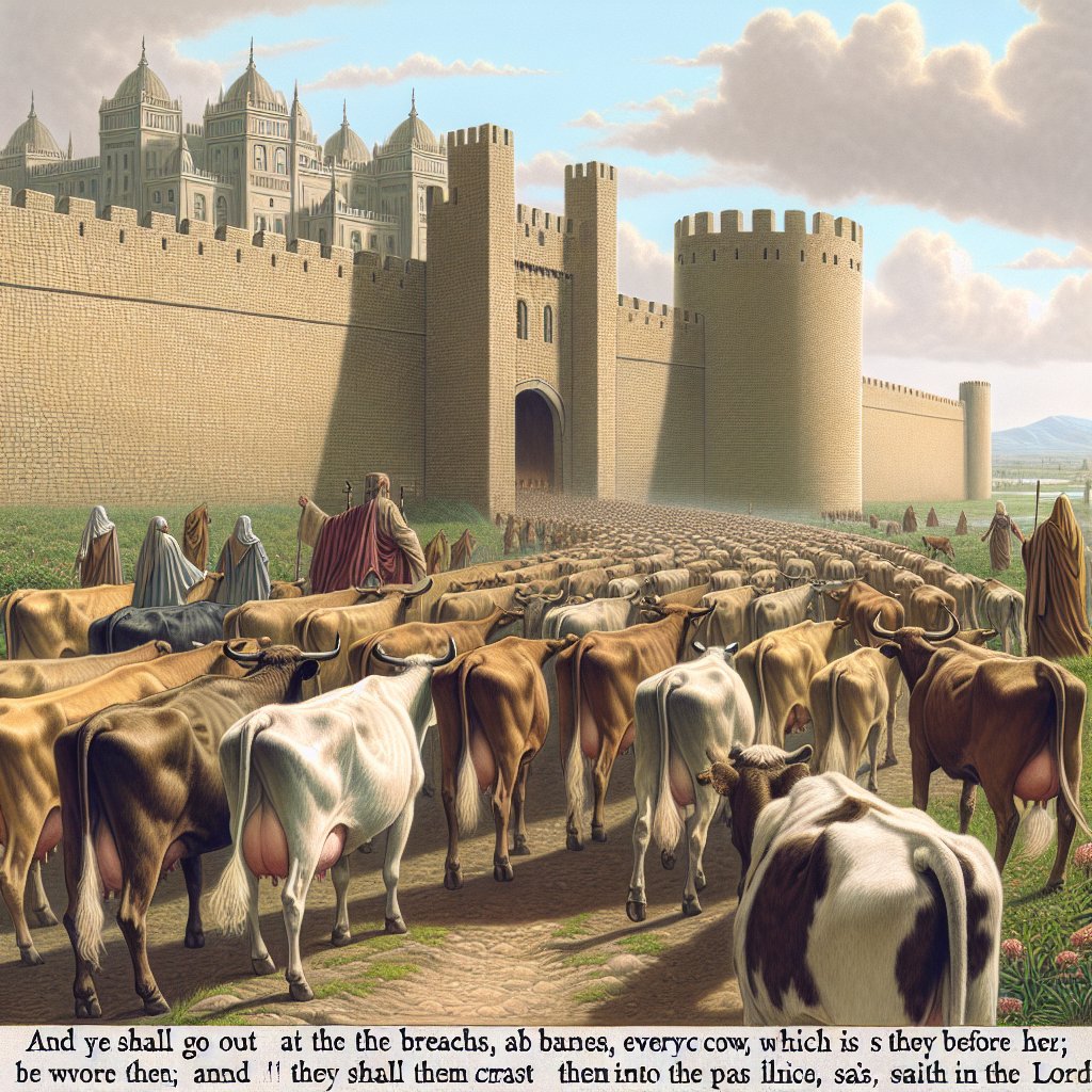 Amos 4:3 - "And ye shall go out at the breaches, every cow at that which is before her; and ye shall cast them into the palace, saith the LORD."