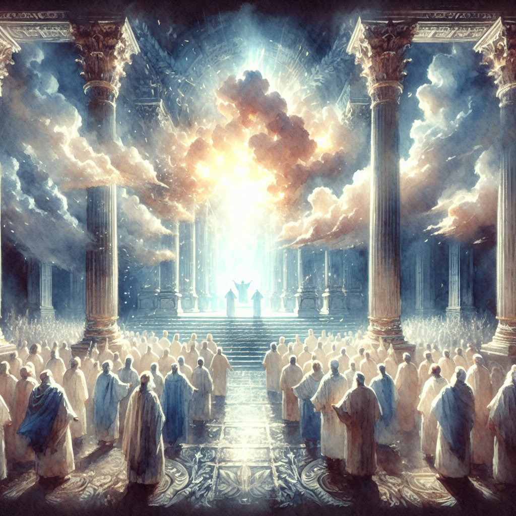 2 Chronicles 5:14 so that the priests could not stand to minister by reason of the cloud: for the glory of the LORD had filled the house of God.
Generate an image depicting a scene of biblical reverence. Visualize a moment so sacred and awe-inspiring that the priests are unable to stand, overwhelmed by the radiant glory that permeates the House of God. This should echo the potent energy of divine presence, the ethereal cloud that fills the temple. Ensure that this artwork is respectful and devotional to Christianity, using the medium of watercolor to convey the spiritual atmosphere and luminous presence. The art should eschew textual elements, focusing entirely on the visual portrayal of this poignant scene.