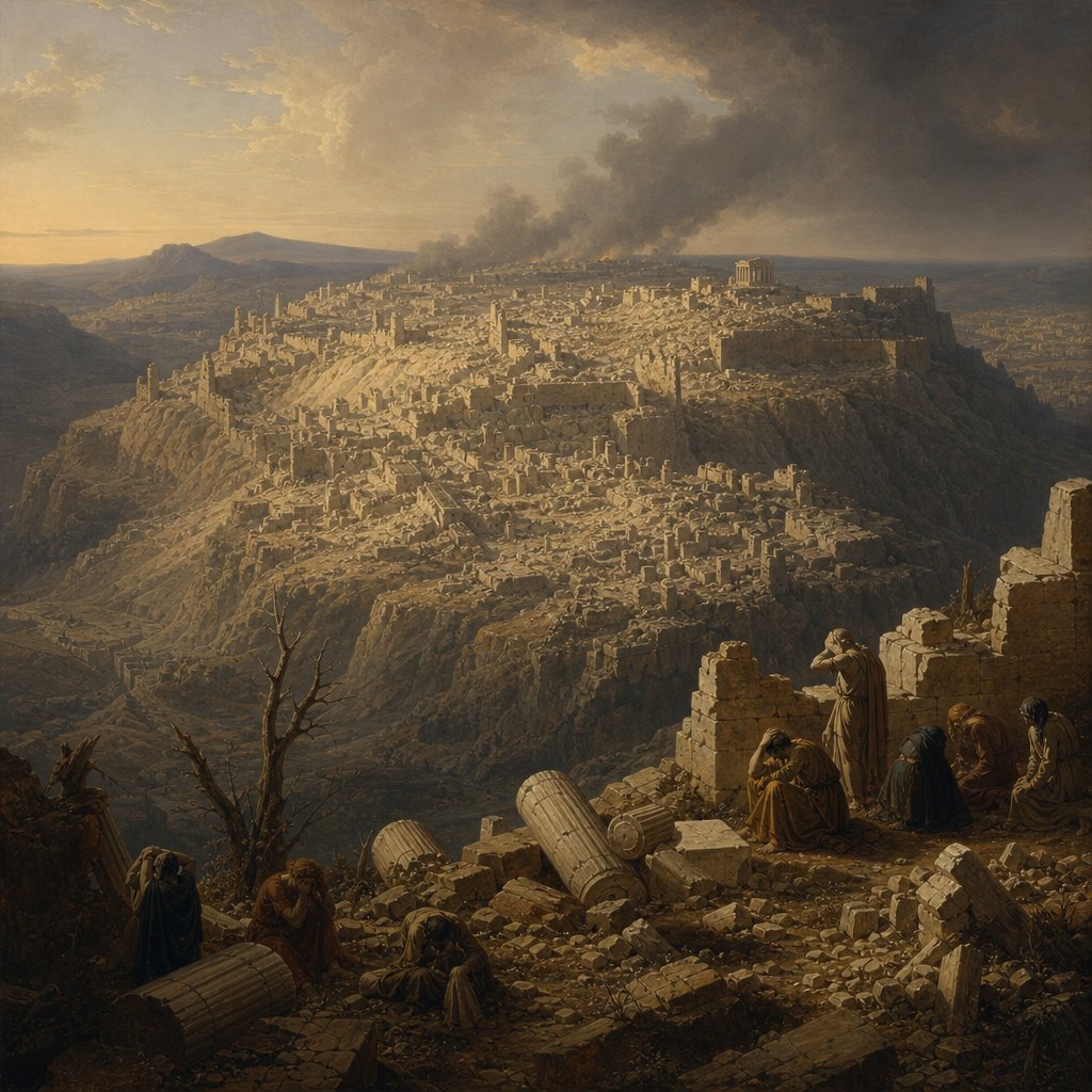 Jerusalem lay in ruins, no stone was left on the other the coty had hills and was on a mountain