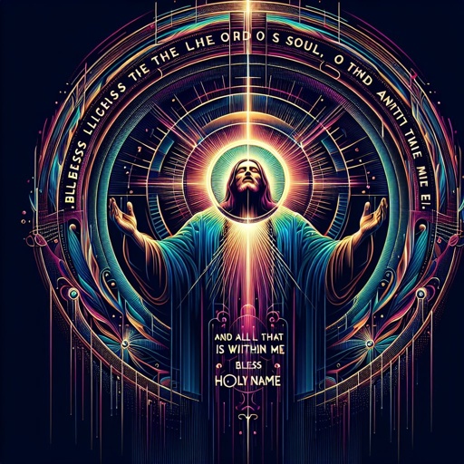 Psalms 103:1 - "Bless the LORD, O my soul: and all that is within me, bless his holy name."

Visualize a religious text from Psalms 103:1 - 'Bless the LORD, O my soul: and all that is within me, bless his holy name.' The image should portray this sentiment in a sense of reverence, using the techniques typical of digital art. Incorporate elements of lustrous colours, sharp lines or sleek shapes that are characteristic of digital art styles.