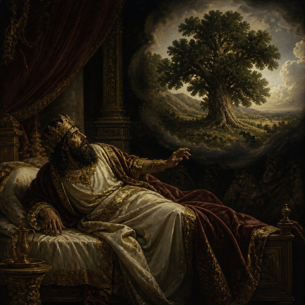King Nebuchadnezzar in his bed scared of the dreams and visions of his second dream of a tree