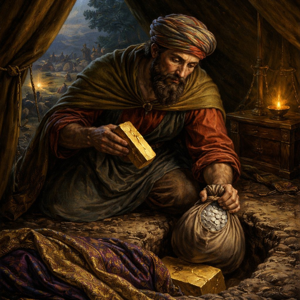 , Israelite man steals a wedge of gold, a bag of silver coins, and a beautiful cloak. He hides them in his tent.