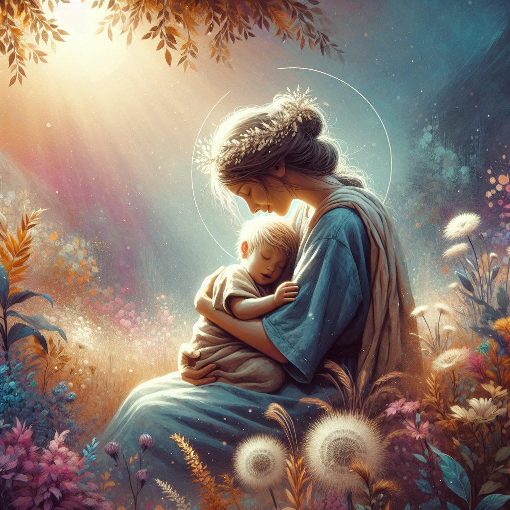 Isaiah 49:15 - "Can a woman forget her sucking child, that she should not have compassion on the son of her womb? yea, they may forget, yet will I not forget thee."
Render an image capturing the essence of Isaiah 49:15 - 'Can a woman forget her nursing child, that she should not have compassion on the son of her womb? Indeed, she may forget, yet I will not forget you.' The scene should depict a woman tenderly holding her child, manifesting care and love that transcends the ordinary. Surround them with serene, soft colors to evoke feelings of warmth, compassion, and unbreakable attachment. Please keep it in the form of digital art.