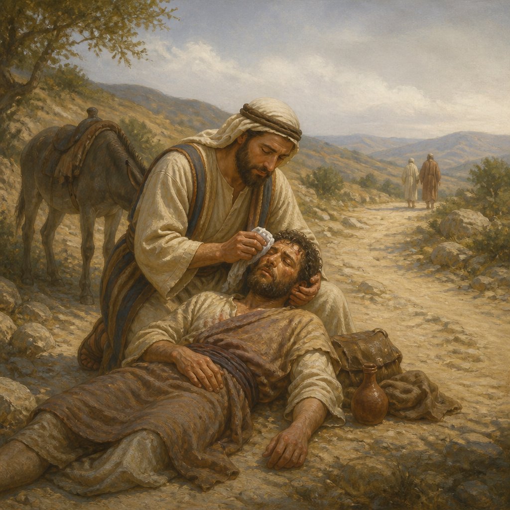 "Which now of these three, thinkest thou, was neighbour unto him that fell among the thieves?" - Luke 10:{verse.verse_number}