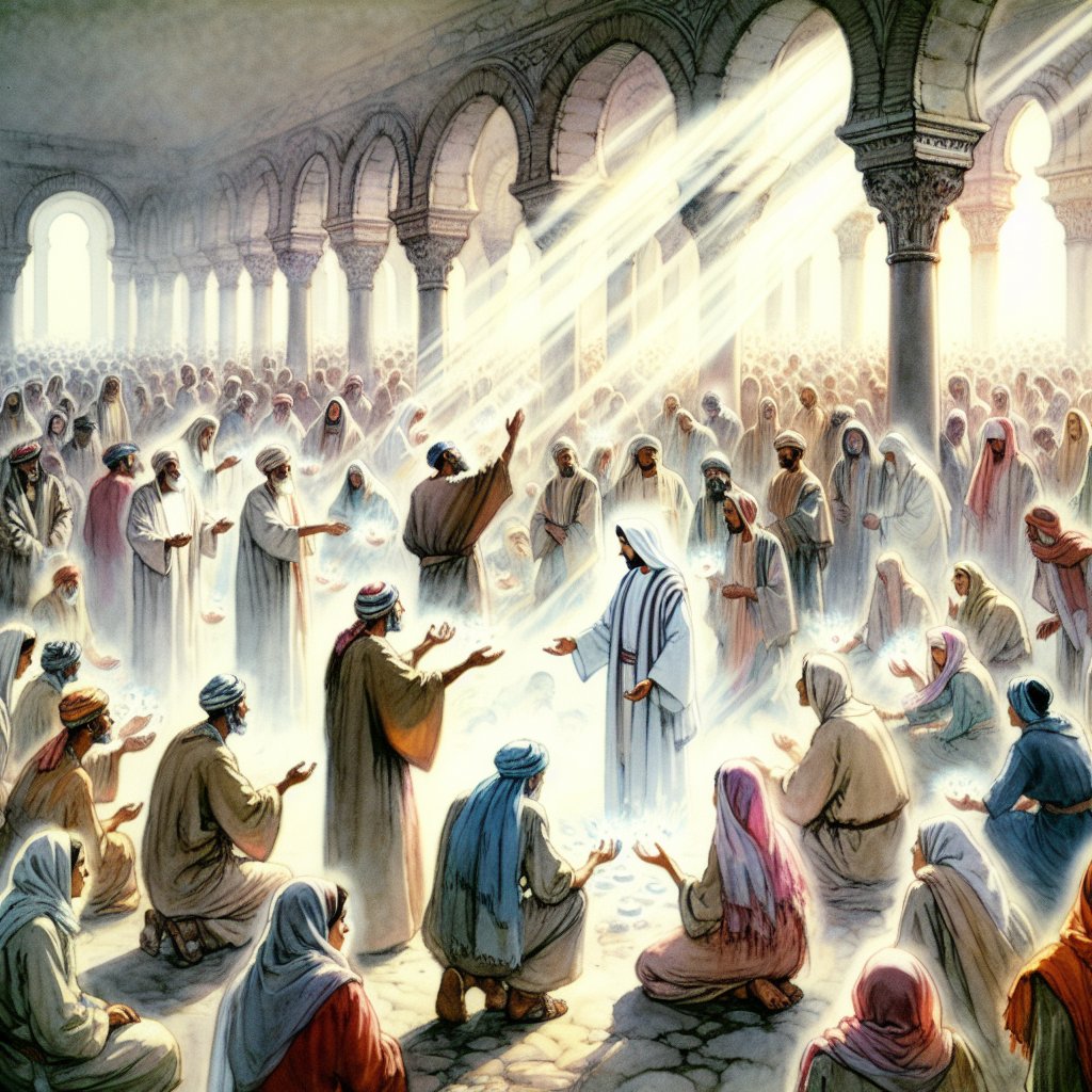 Luke 6:18 as well as those who were tormented with unclean spirits. And they were healed.
Illustrate a respectful and devout scene from Christianity, inspired by the descriptive passage in Luke 6:18, where those tormented by unclean spirits are healed. The scene should be enriched with an ethereal radiance of divinity. The setting should be an environment typical of biblical times, with crowd of people from a variety of descents such as Black, Hispanic, and Middle-Eastern. The visual style should convey the gentle and fluid nuances of a watercolor painting, yet the art should not contain any textual elements.
