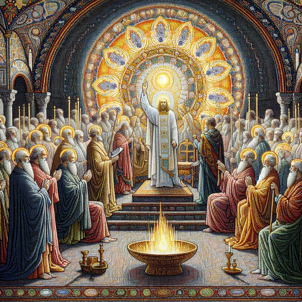 Psalms 89:19-20 (KJV)
19 Then thou spakest in vision to thy holy one, and saidst, I have laid help upon one that is mighty; I have exalted one chosen out of the people.
20 I have found David my servant; with my holy oil have I anointed him:
Don't use words in the picture.
An image illustrating a scene from Psalms 89:19-20, in a style reminiscent of pointillism, a late 19th-century style of painting that uses small, distinct points of primary colors to form an image. The scene should depict the anointing of a chosen individual, using symbolic elements to capture the message of might, exaltation, and divine selection. Christian symbolism such as holy oil and light can be used to emphasize the divinity and humility of the process. Note, the art should be profound, respectful to Christianity, and no text or words should be included in the artwork.