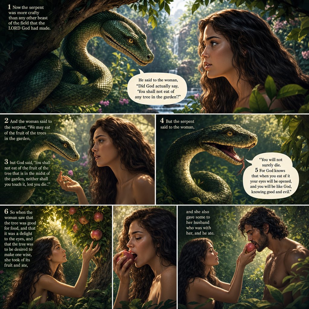 Now the serpent was more crafty than any other beast of the field that the LORD God had made.
He said to the woman, “Did God actually say, ‘You shall not eat of any tree in the garden’?” 2 And the woman said to the serpent, “We may eat of the fruit of the trees in the garden, 3 but God said, You shall not eat of the fruit of the tree that is in the midst of the garden, neither shall you touch it, lest you die.’” 4 But the serpent said to the woman, “You will not surely die. 5 For God knows that when you eat of it your eyes will be opened, and you will be like God, knowing good and evil.” 6 So when the woman saw that the tree was good for food, and that it was a delight to the eyes, and that the tree was to be desired to make one wise, she took of its fruit and ate, and she also gave some to her husband who was with her, and he ate. Genesis 3:1-6