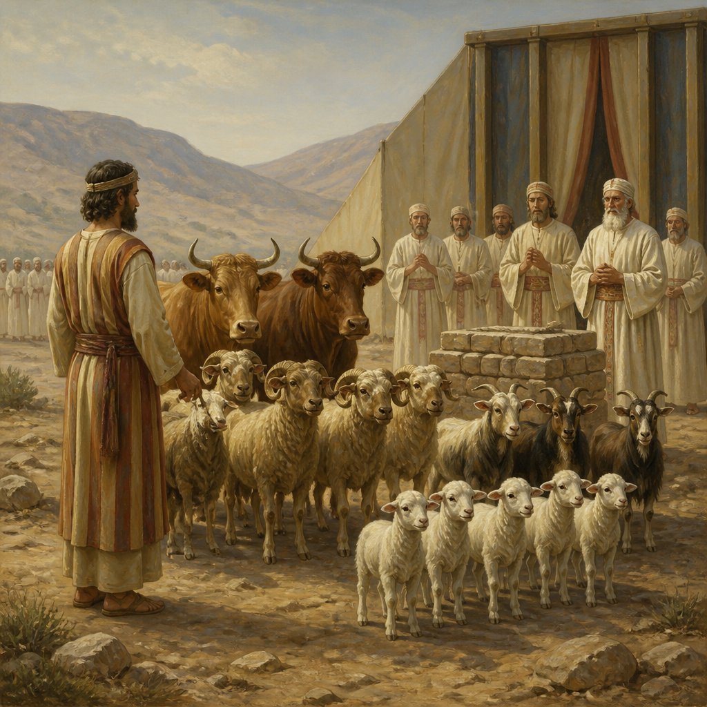 "And for a sacrifice of peace offerings, two oxen, five rams, five he goats, five lambs of the first year: this was the offering of Nethaneel the son of Zuar." - Numbers 7:23