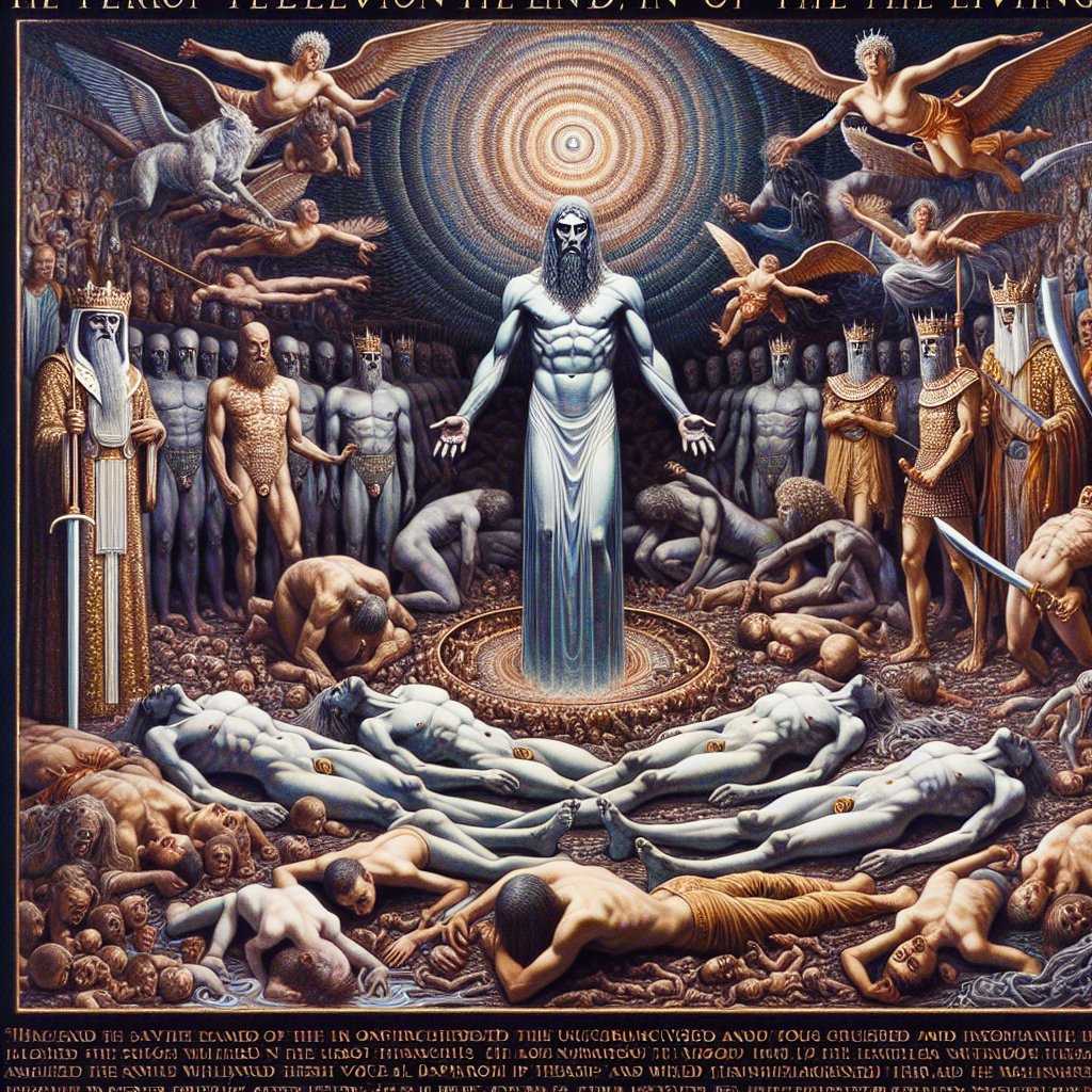 Ezekiel 32:32 - "For I have caused my terror in the land of the living: and he shall be laid in the midst of the uncircumcised with them that are slain with the sword, even Pharaoh and all his multitude, saith the Lord GOD."
An imagined visual interpretation of Ezekiel 32:32. A display of sombre elements that signify terror in the land of the living. A man at the centre, surrounded by figures laid down, symbolising the uncircumcised and those slain with the sword. Inclusion of kingly aspects as a nod to 'Pharaoh and his multitude'. All enforced with the overarching symbolic voice of a higher, divine power or energy that manifests itself throughout the image. All depicted in the medium akin to pre-1912 artists rich in detail and symbolism.