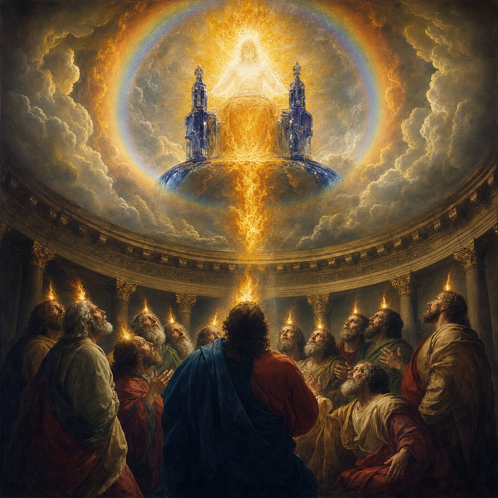 And above the dome over their heads there was something like a throne, in appearance like sapphire, and seated above the likeness of the throne was something that seemed like a human form. Upward from what appeared like the loins I saw something like gleaming amber, something that looked like fire enclosed all around, and downward from what looked like the loins I saw something that looked like fire, and there was a splendor all around. Like the bow in a cloud on a rainy day, such was the appearance of the splendor all around. This was the appearance of the likeness of the glory of the Lord.