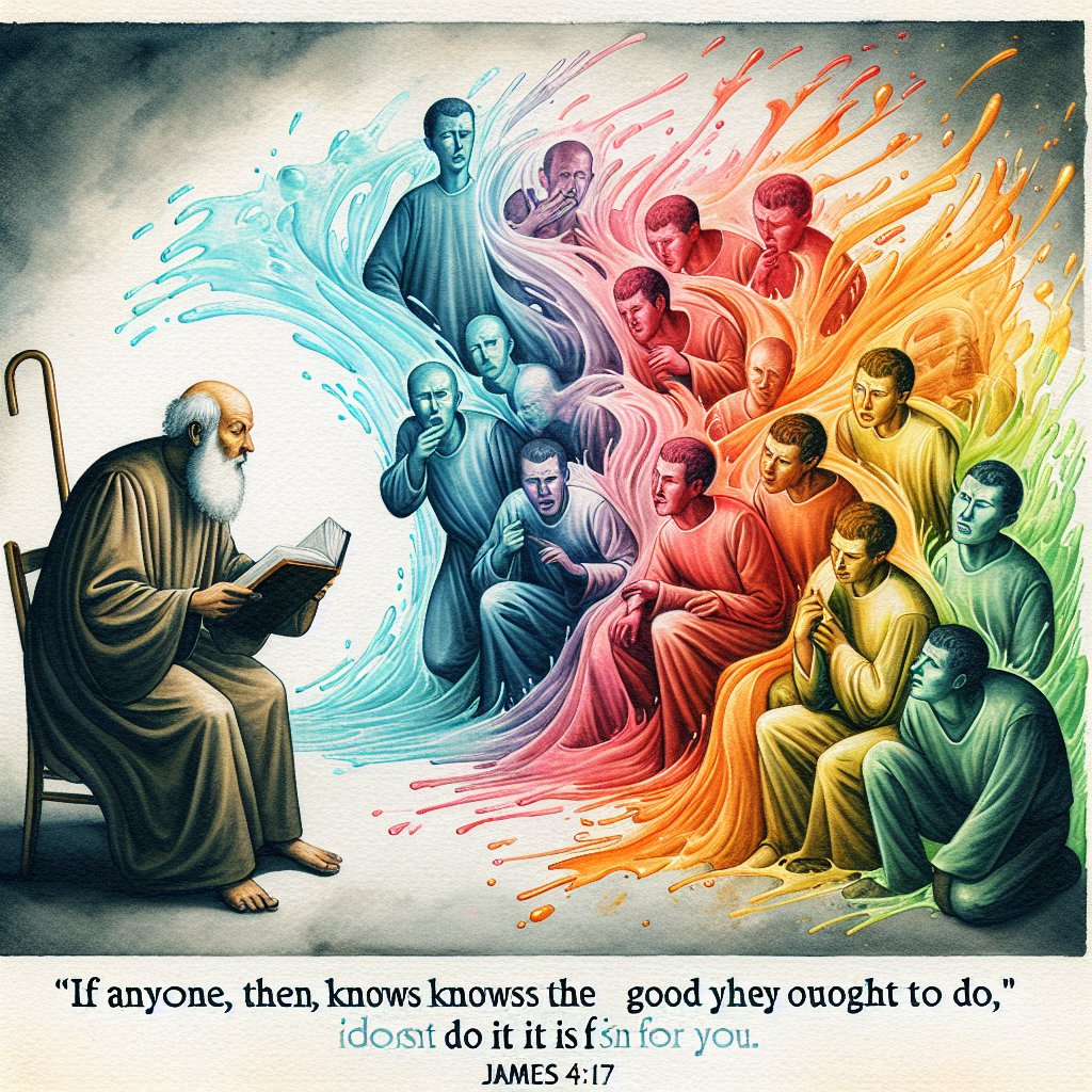 James 4:17 “If anyone, then, knows the good they ought to do and doesn’t do it, it is sin for them.”
A visual representation of the concept from James 4:17, 'If anyone, then, knows the good they ought to do and doesn’t do it, it is sin for them.' Try to capture this idea without using text or words, using 19th-century watercolor style.