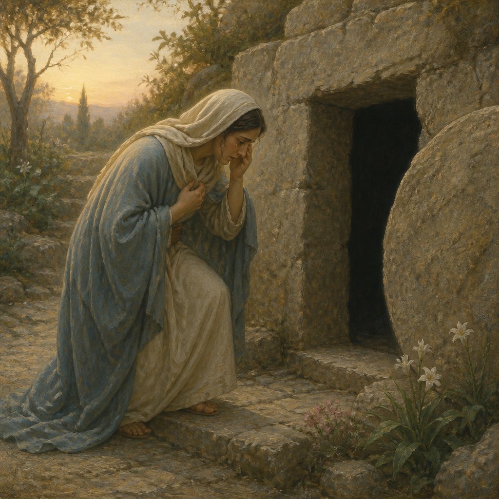 "¶ But Mary stood without at the sepulchre weeping: and as she wept, she stooped down, and looked into the sepulchre," - John 20:11
