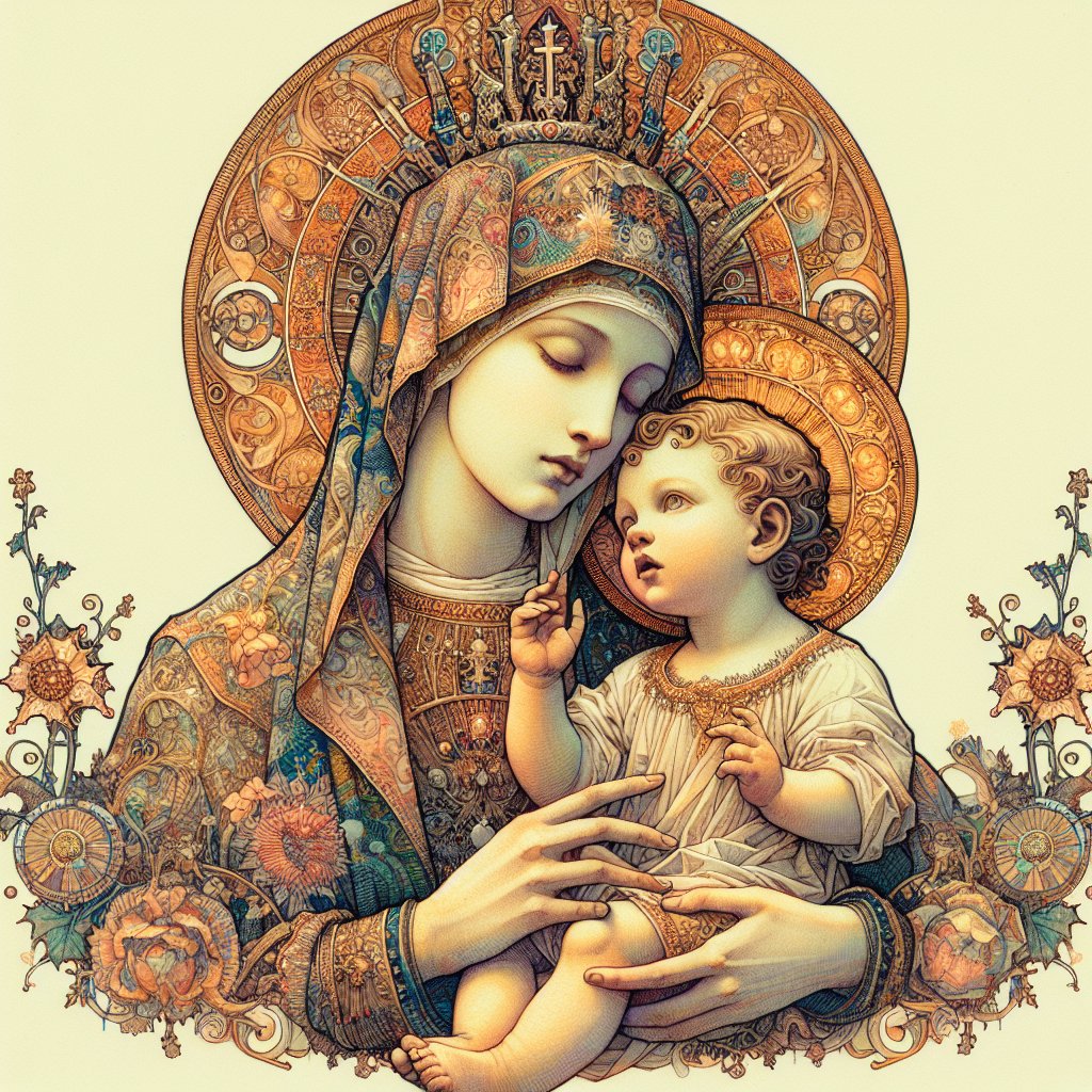 Madonna and Child, Catholic, realism, art nouveau, natural color, symmetry
Generate an image of Madonna and Child. It is a piece of Catholic art filled with natural hues in the devotion towards Christianity. The style is steeped in realism with undertones of art nouveau - full of organic forms, intricate designs, and elaborate ornamentation. It should have a balanced symmetrical composition, cultivating a sense of harmony and balance. The medium is watercolor, imparting a light touch to the artwork. The image should be devoid of any text or words, and above all, it should be respectful and devotional in nature.