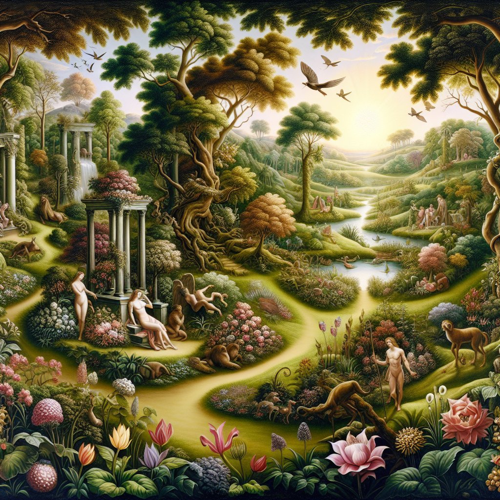 Garden of Eden
Depict the Garden of Eden in the aesthetic reminiscent of the Renaissance period. The image should have a religious and respectful orientation towards Christianity. It should capture the serenity and tranquility of the garden, emphasizing the presence of lush greenery, blossoming flowers, and exotic fauna that was believed to inhabit this biblical paradise. Please refrain from using text or words in the image. Let the visual elements alone tell the story.