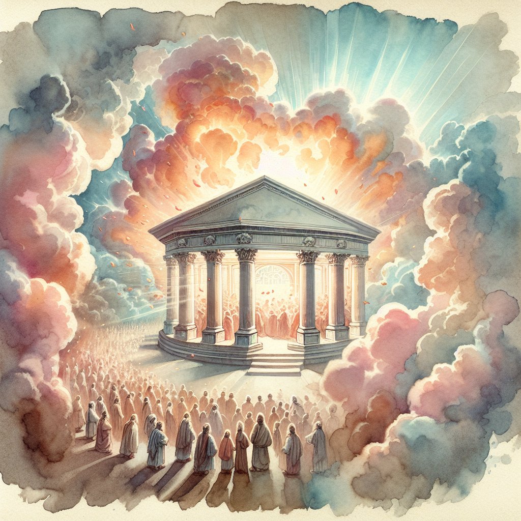 2 Chronicles 5:14 so that the priests could not stand to minister by reason of the cloud: for the glory of the LORD had filled the house of God.
A devotional and respectful depiction of a biblical scene, inspired by 2 Chronicles 5:14. Visualize a structure that represents the house of God, enveloped in a radiant, ethereal cloud. This cloud symbolizes the glory of God filling the space to the point where priests are unable to stand and minister. Frame the scene with a soft, muted, and flowing aesthetic characteristic of classic watercolor art.