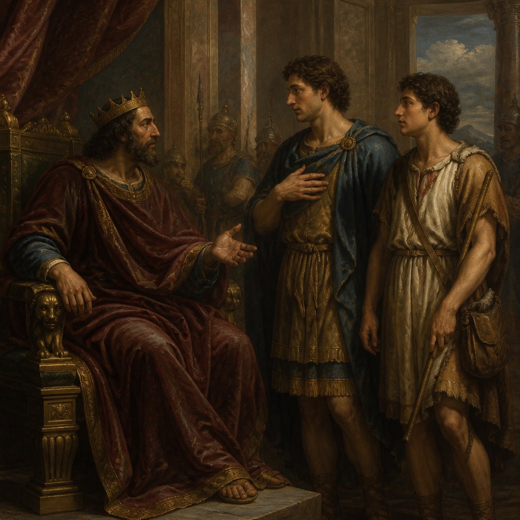 Give me a background king saul and Jonathan talking David stands besides Jonathan