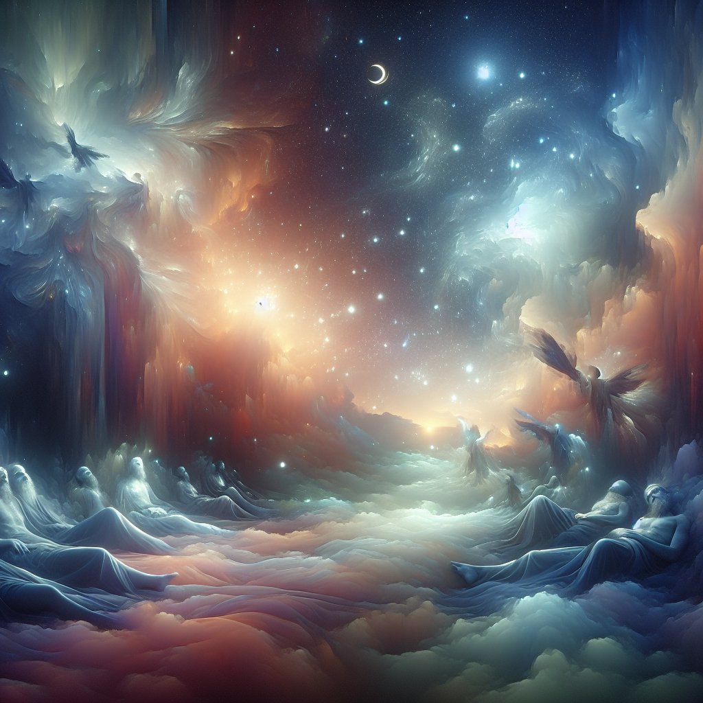 Job 4:13 - "In thoughts from the visions of the night, when deep sleep falleth on men,"
Visualize the verse from Job 4:13, 'In thoughts from the visions of the night, when deep sleep falleth on men,' represented in a digital art style. The scene should capture the profound serenity and mystery of a deep sleep state, with ethereal night visions appearing like dreamscapes. An atmosphere of tranquility pervades, with soft colors and gentle lighting defining the digital artwork.