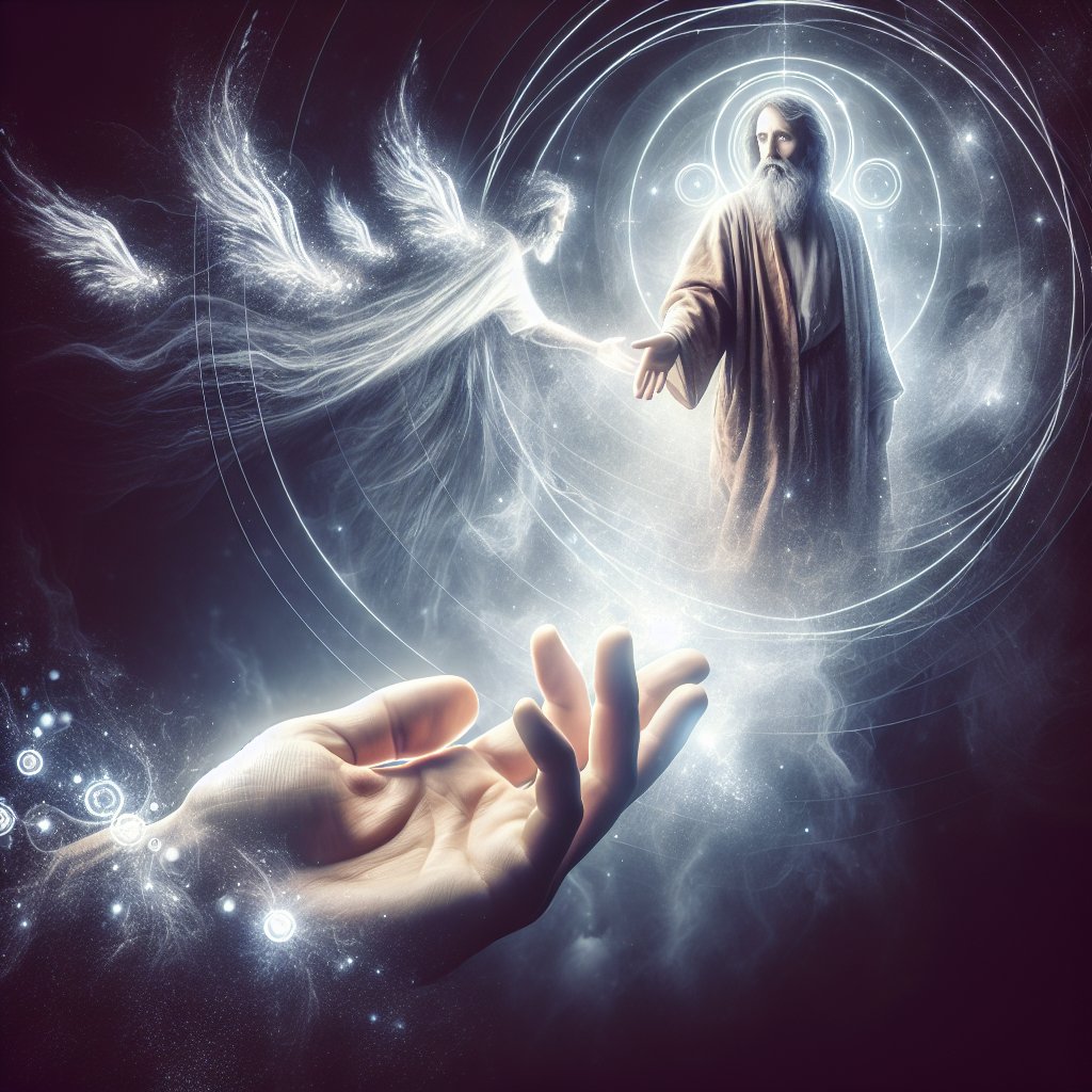 Acts 9:12 - "And hath seen in a vision a man named Ananias coming in, and putting his hand on him, that he might receive his sight."
Create a digital art image based on Acts 9:12 from the Bible - 'A man named Ananias appears in a vision, he walks up to another man, and gently places his hand upon him with the intention that he may regain his vision.' Ensure to capture the ethereal and spiritual nature of the scene.