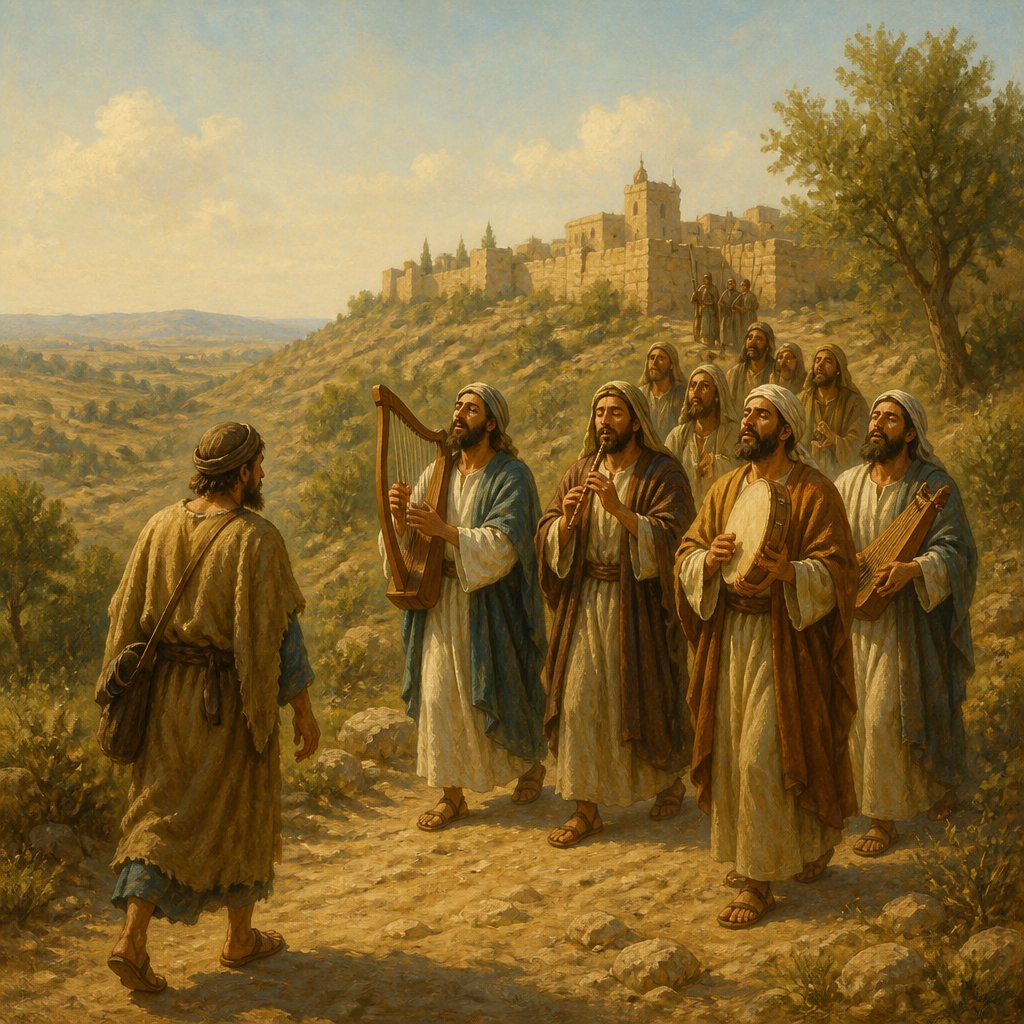 "After that thou shalt come to the hill of God, where is the garrison of the Philistines: and it shall come to pass, when thou art come thither to the city, that thou shalt meet a company of prophets coming down from the high place with a psaltery, and a tabret, and a pipe, and a harp, before them; and they shall prophesy:" - 1 Samuel 10:5
