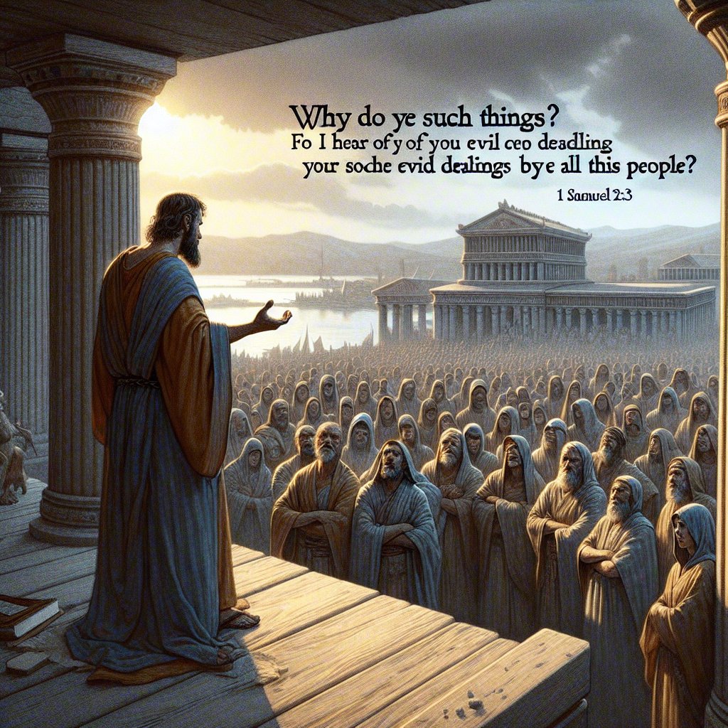 1 Samuel 2:23 - "And he said unto them, Why do ye such things? for I hear of your evil dealings by all this people."
An image in the style of digital art, capturing the atmosphere of a key biblical scene from 1 Samuel 2:23. The scene includes a man, who could be of any descent, addressing multiple people who could be of various descents and both genders. The man should be depicted as if he's sternly questioning the group's actions. The phrase 'Why do ye such things? For I hear of your evil dealings by all this people.' should be emphasized in the scenery, possibly written in the sky or subtly incorporated into the architecture around them. The overall feeling should be somber and critical, with the crowd looking regretful or guilty.